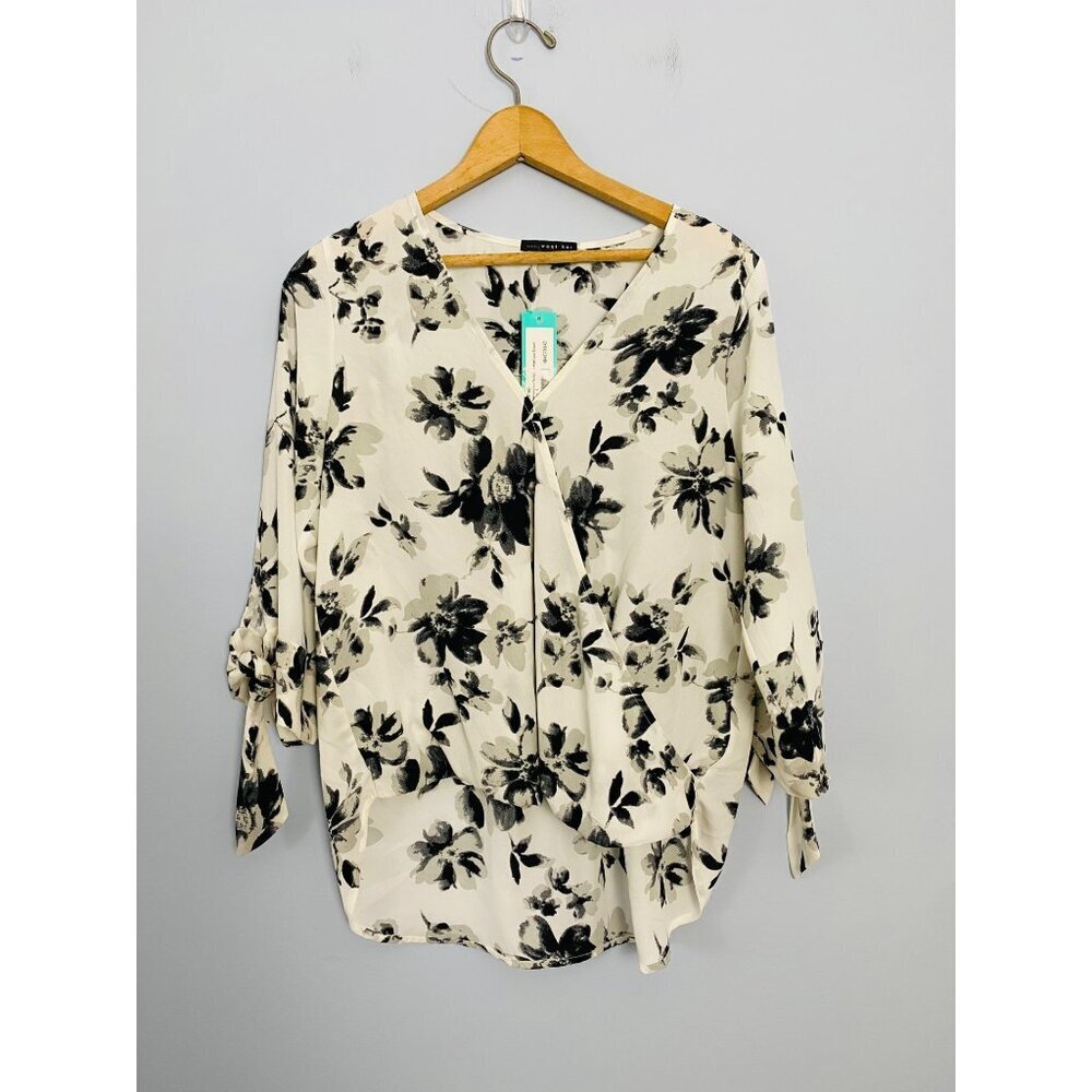 NWT West Kei Allan Surplice Tie Sleeve High Low Blouse Size S Black and White Fl